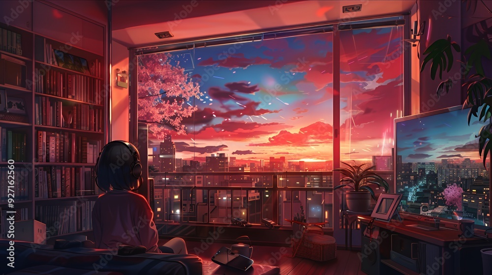 A young woman sits in a cozy apartment with a beautiful sunset view, listening to music and enjoying the evening. A young woman sits in a cozy apartment with a beautiful sunset view, listening to music and enjoying the evening.
