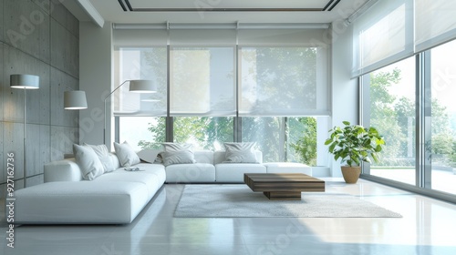 A modern living room with a white sectional sofa, two floor lamps, and a wooden coffee table. The room has large windows with white blinds, and a view of a lush green lawn. Sunlight streams in through