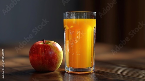 Apple Juice in a Glass with a Red Apple on a Wooden Table