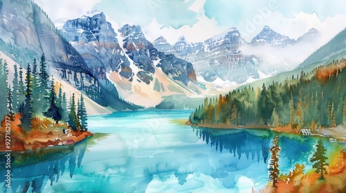 Fototapeta Naklejka Na Ścianę i Meble -  A watercolor painting depicts a serene landscape of Lake Louise in the Canadian Rockies. The turquoise water reflects the towering snow-capped mountains, which are surrounded by lush green forests wit