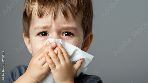 A sick boy is wiping his nose with a tissue. Generative AI