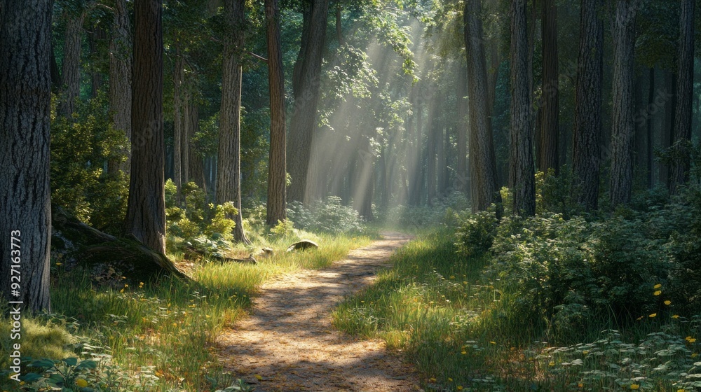 Obraz premium Sun-Dappled Forest Trail: A Serene Escape in Nature