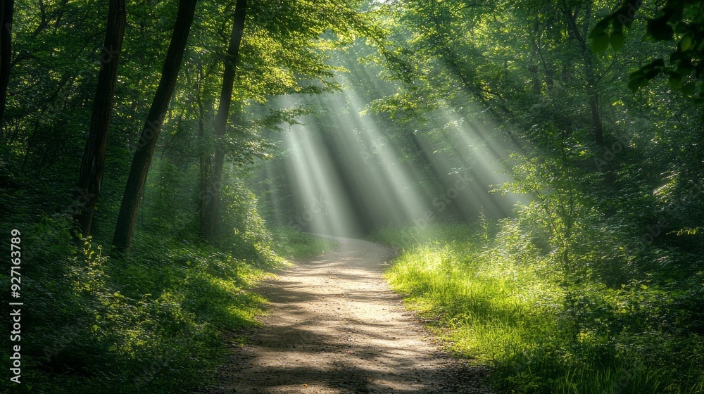 Obraz premium Sun-Dappled Serenity: Peaceful Forest Trail Hike