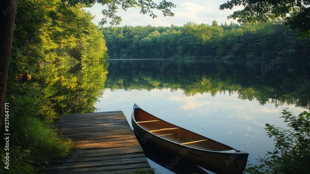 Fototapeta premium Serene Lakeside Escape: Dock, Canoe, and Tranquil Reflections