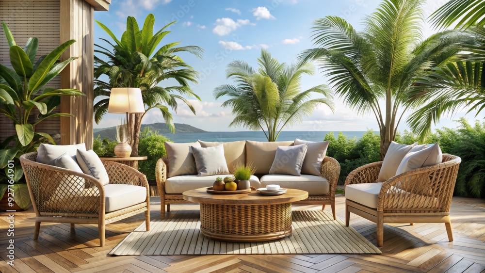 Fototapeta premium herringbone-woven rattan furniture pieces bringing organic texture and warmth amidst tropical plants and airy natural light in a serene coastal outdoor oasis