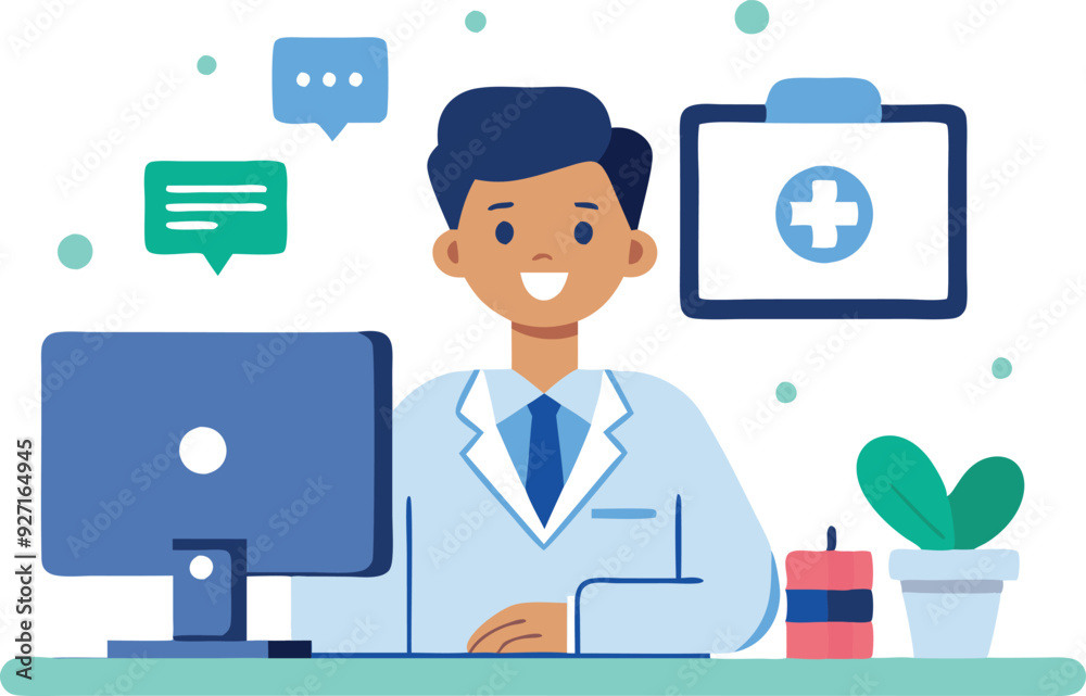 A friendly doctor interacts with patients through a computer, offering medical guidance and support in a digital environment.
