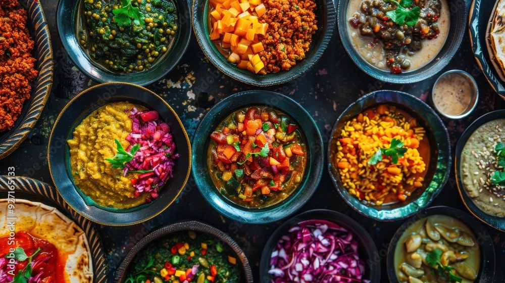 A variety of colorful Indian dishes are arranged on a dark background. The dishes are in bowls, and they include rice, lentils, vegetables, and other ingredients. The bowls are arranged in a circle, a A variety of colorful Indian dishes are arranged on a dark background. The dishes are in bowls, and they include rice, lentils, vegetables, and other ingredients. The bowls are arranged in a circle, a