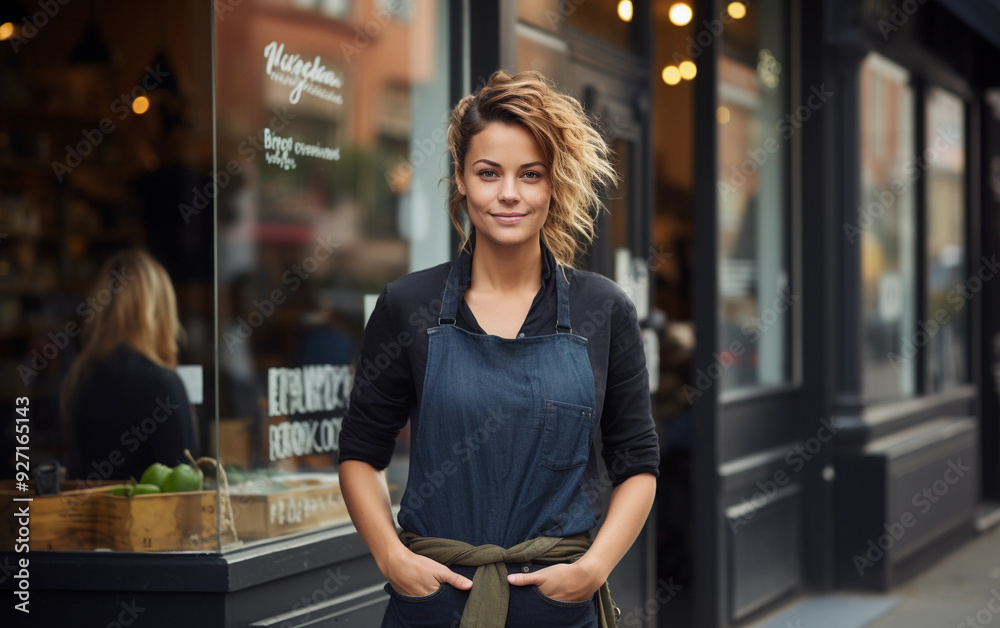 Fototapeta premium A woman in a blue apron stands in front of a store window. She is smiling and she is happy