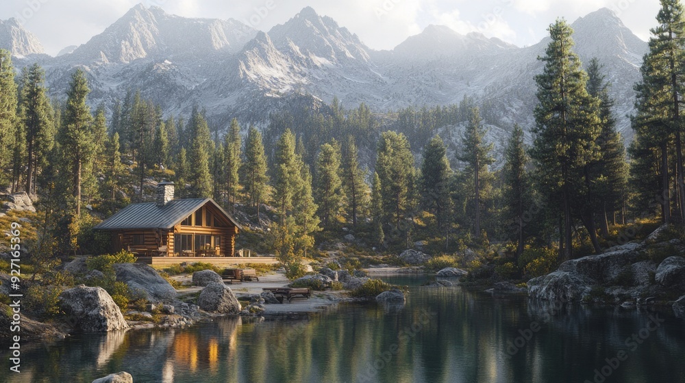 Naklejka premium Escape to Serenity: Mountain Cabin Retreat with Lake & Pines