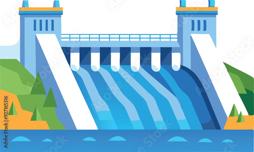 A bright dam releases water, surrounded by trees and mountains under a clear blue sky.
