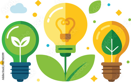 Eco-friendly light bulbs symbolize sustainable energy and innovation amidst vibrant leaves and natural motifs.