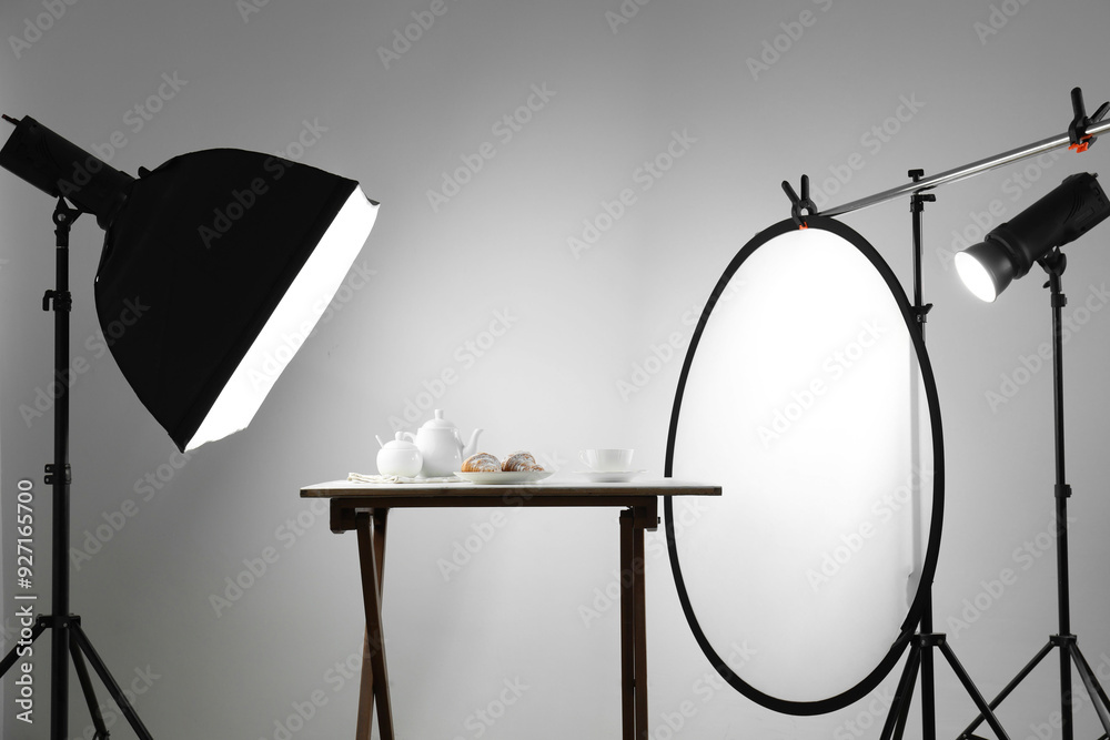 Shooting food in photo studio with professional lighting equipment