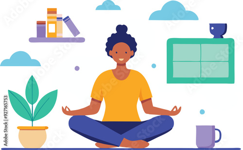 A woman meditates peacefully while surrounded by greenery, books, and a mug in a soothing indoor space.