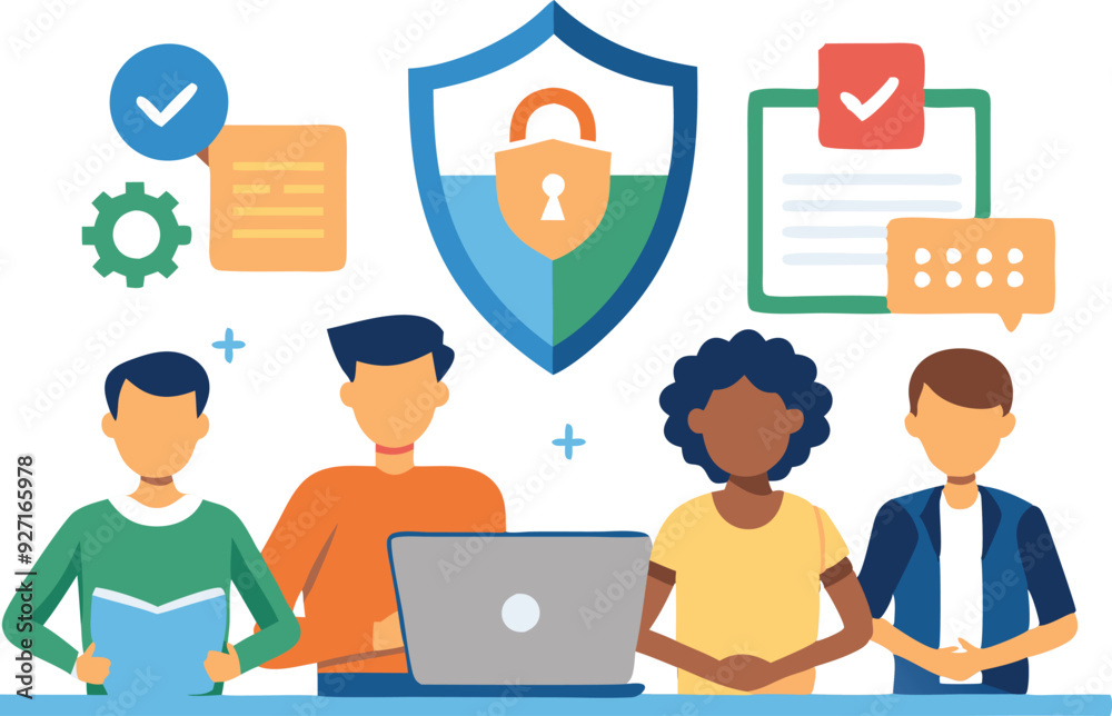 Young professionals work together at a laptop, focusing on cybersecurity concepts with shield and lock symbols in the background.