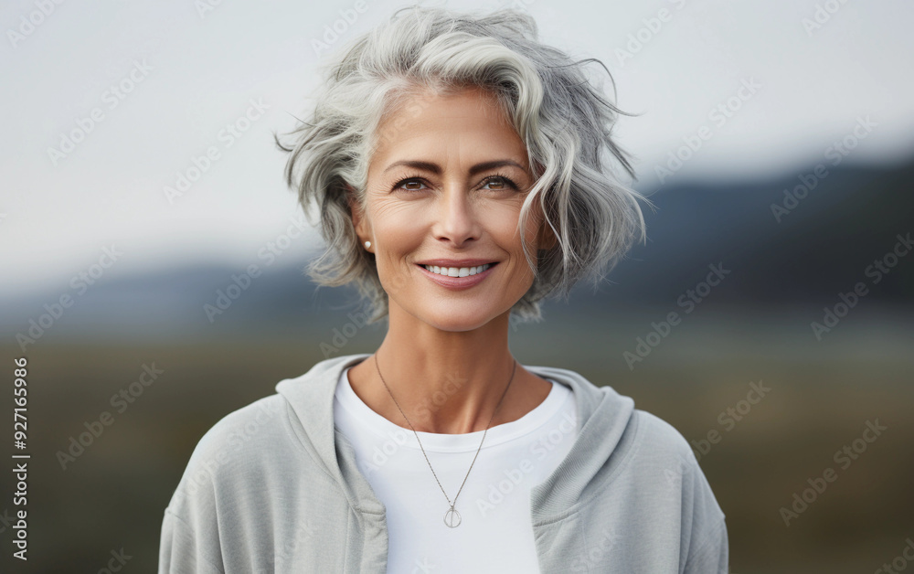 A woman with gray hair is smiling and wearing a gray sweater and white shirt. She is wearing a necklace and has a necklace hanging from her neck A woman with gray hair is smiling and wearing a gray sweater and white shirt. She is wearing a necklace and has a necklace hanging from her neck