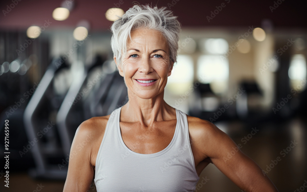 A woman in a tank top is smiling and posing for a photo in a gym. Concept of positivity and confidence, as the woman is enjoying her workout and is proud of her appearance A woman in a tank top is smiling and posing for a photo in a gym. Concept of positivity and confidence, as the woman is enjoying her workout and is proud of her appearance