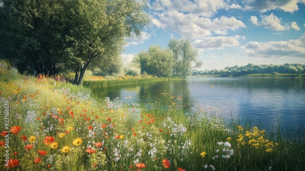 Tranquil Riverbank: Wildflowers Sway in the Gentle Breeze Tranquil Riverbank: Wildflowers Sway in the Gentle Breeze