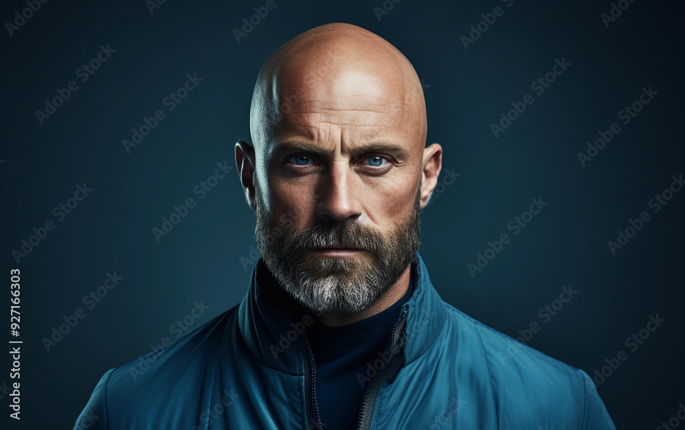 A man with a beard and a bald head is wearing a blue jacket. He has a serious expression on his face A man with a beard and a bald head is wearing a blue jacket. He has a serious expression on his face