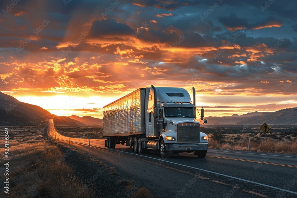 ai generative container truck on a quiet country road at dawn ai generative container truck on a quiet country road at dawn