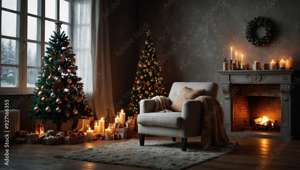 New Year background. Christmas room interior of loft. Light, gifts, candles and hot lighting indoors. An armchair with a table near a Christmas tree New Year background. Christmas room interior of loft. Light, gifts, candles and hot lighting indoors. An armchair with a table near a Christmas tree