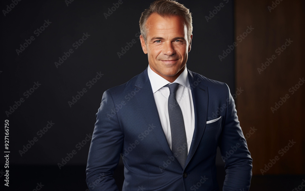 A man in a suit and tie is smiling for the camera. He looks confident and professional. Concept of success and accomplishment A man in a suit and tie is smiling for the camera. He looks confident and professional. Concept of success and accomplishment
