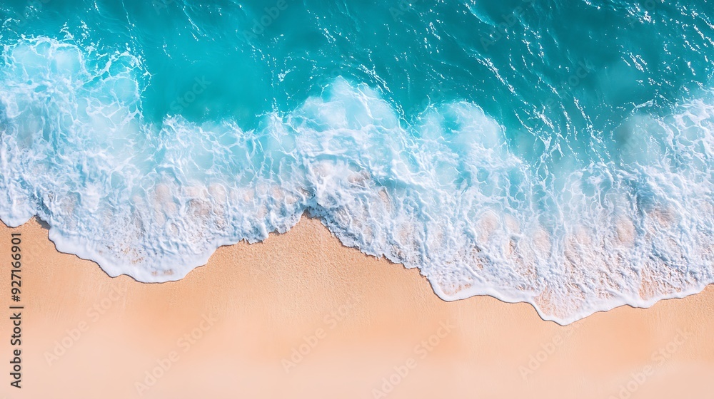 Top view of turquoise water crashing onto a sandy beach. Top view of turquoise water crashing onto a sandy beach.