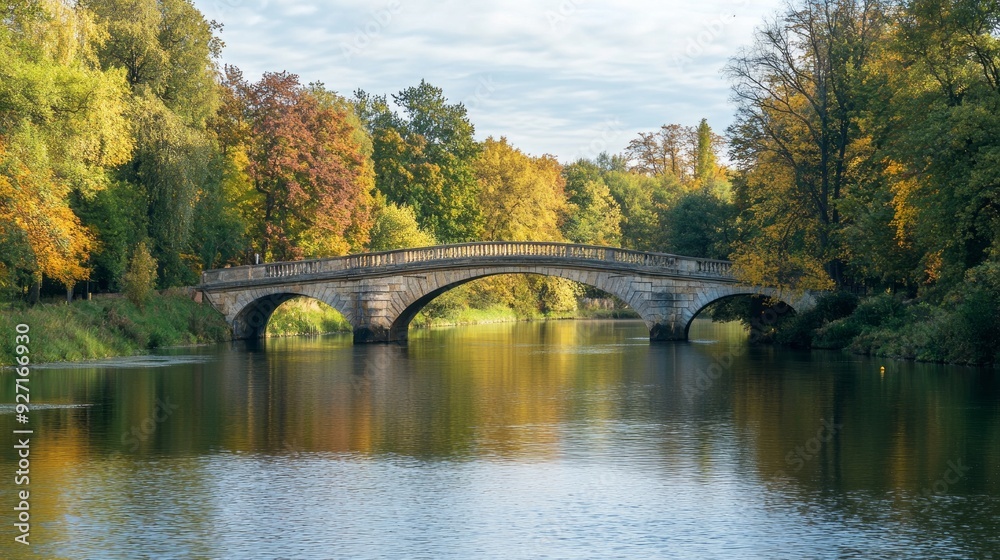 Tranquil River Scene with Historic Bridge and Lush Greenery Tranquil River Scene with Historic Bridge and Lush Greenery