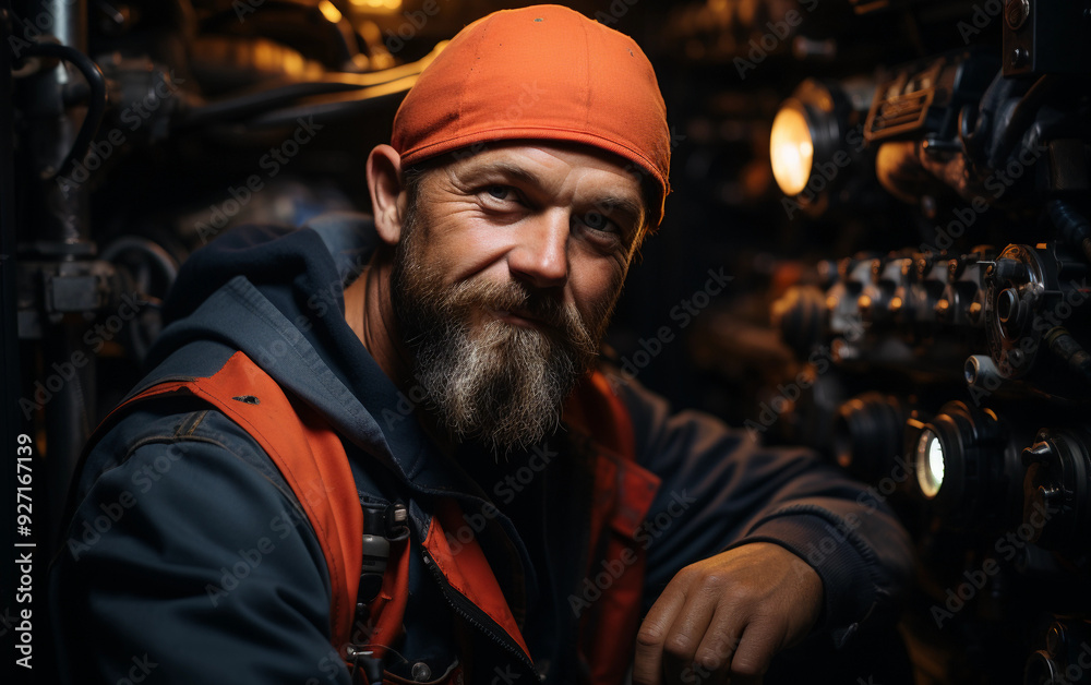 A man with a beard and orange hat is smiling. He is wearing a blue vest and a red hat A man with a beard and orange hat is smiling. He is wearing a blue vest and a red hat