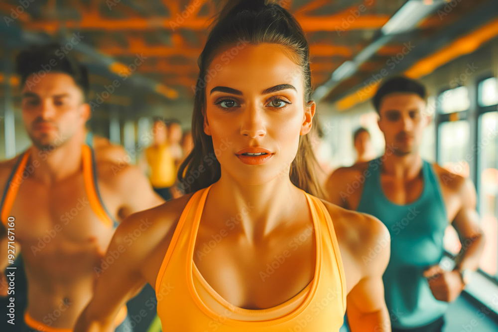 Fototapeta premium Determined woman practicing jogging with male friends during exercise class in gym.