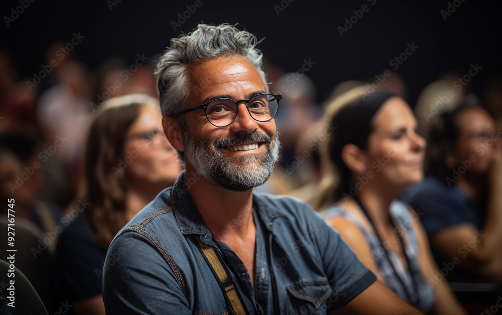 A man with glasses is smiling at the camera. He is surrounded by a crowd of people, some of whom are also smiling. Scene is happy and friendly, as the man is enjoying himself and the company of others A man with glasses is smiling at the camera. He is surrounded by a crowd of people, some of whom are also smiling. Scene is happy and friendly, as the man is enjoying himself and the company of others