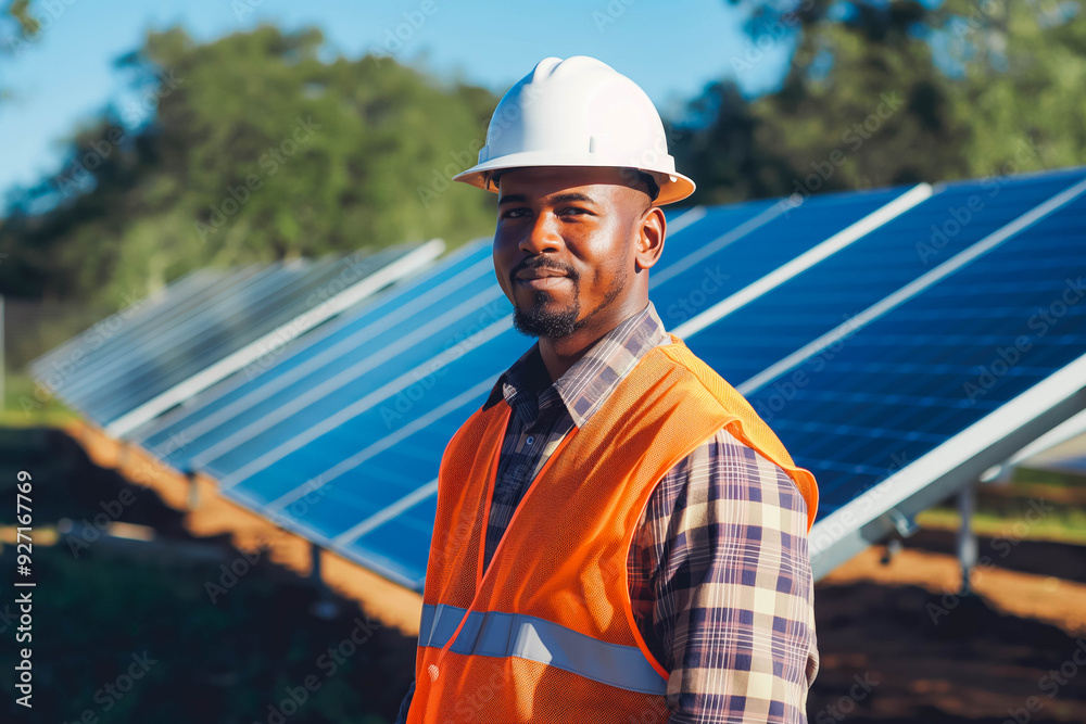 Young male Engineer standing in front of solar panels Young male Engineer standing in front of solar panels