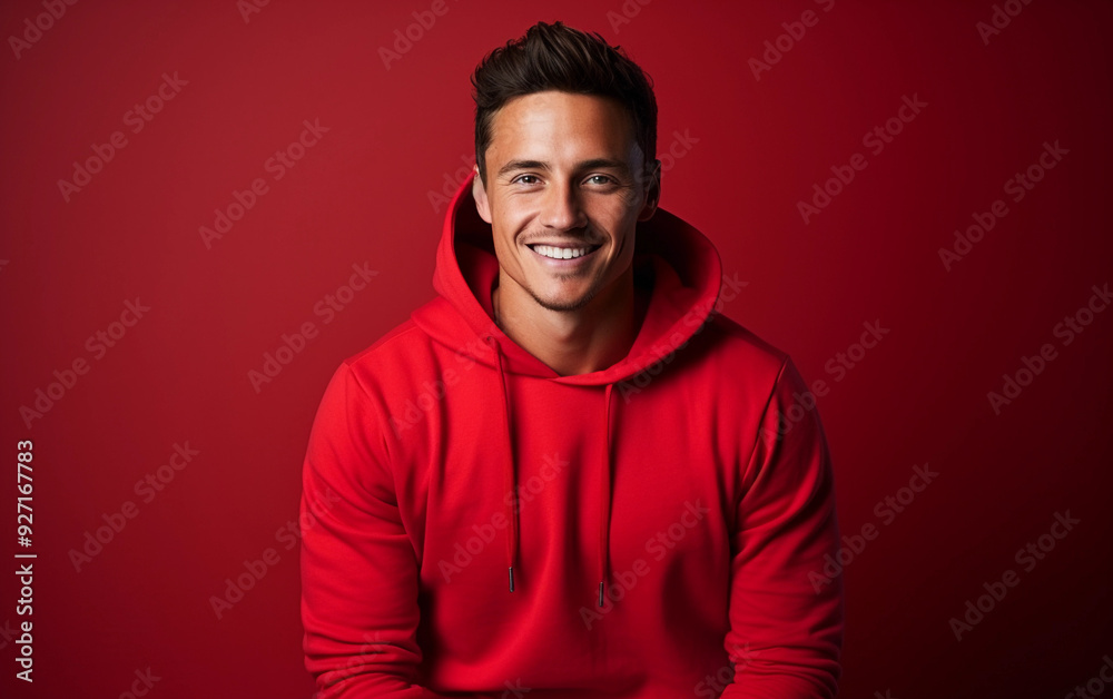 A man in a red hoodie is smiling and looking at the camera. The image has a warm and friendly mood, with the red color of the hoodie and the man's smile creating a sense of happiness and positivity A man in a red hoodie is smiling and looking at the camera. The image has a warm and friendly mood, with the red color of the hoodie and the man's smile creating a sense of happiness and positivity