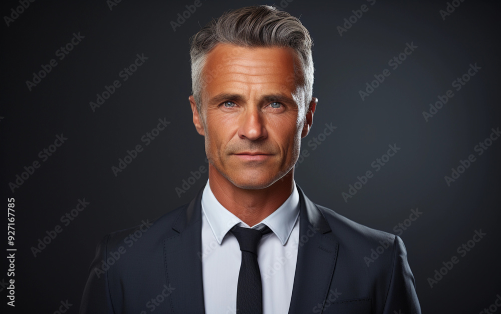 A man in a suit and tie is standing in front of a dark background. He has a serious expression on his face A man in a suit and tie is standing in front of a dark background. He has a serious expression on his face