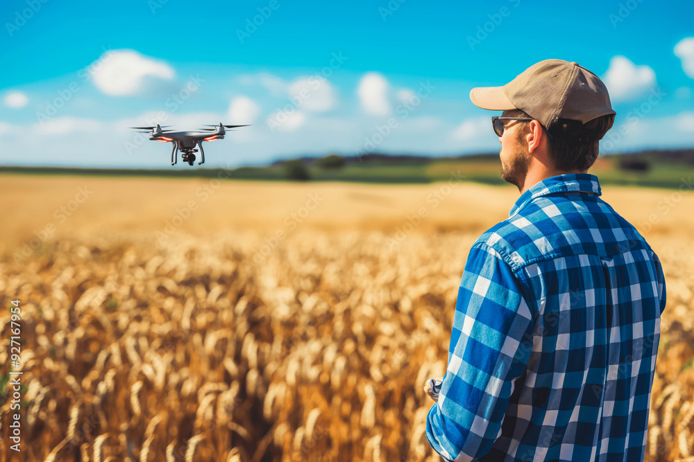 Farmer using a drone to monitor crop health in a wheat field. Farmer using a drone to monitor crop health in a wheat field.