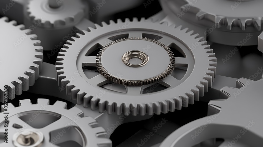 Close-up view of interlocking gray gears creating a complex mechanical arrangement, representing industry and precision engineering. Close-up view of interlocking gray gears creating a complex mechanical arrangement, representing industry and precision engineering.