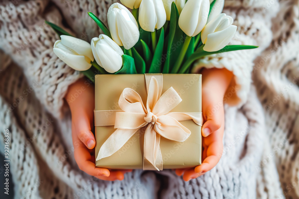 Happy mother's day. The child's hands hold a beautiful gift box with a ribbon and white tulips. Happy mother's day. The child's hands hold a beautiful gift box with a ribbon and white tulips.