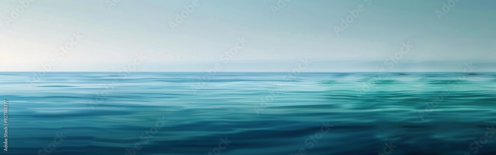 Obraz premium A wide, still shot of the deep blue ocean on a clear day. The water is calm and smooth with only subtle ripples. The sky is a pale blue, almost white, with no clouds visible. The horizon is a crisp li