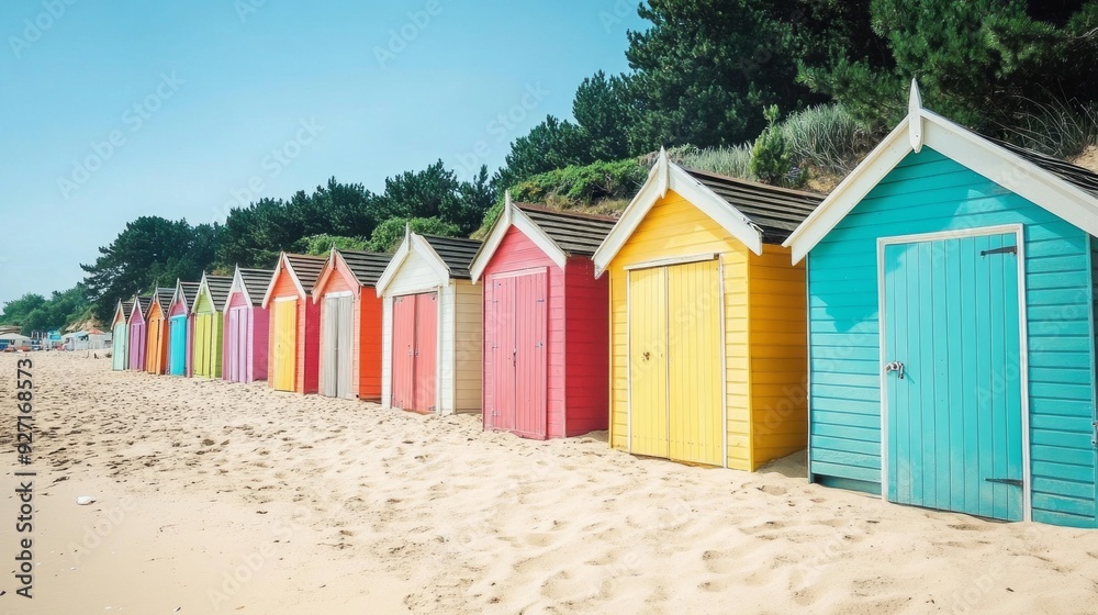 Vibrant Beach Huts Line Sunny Shoreline: A Stunning Coastal View Vibrant Beach Huts Line Sunny Shoreline: A Stunning Coastal View