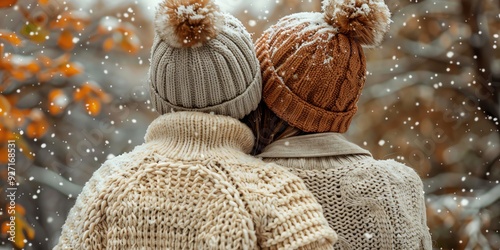 Sweater weather and snow joyful moments outdoors, warm sweaters, and the beauty of a snowy day photo