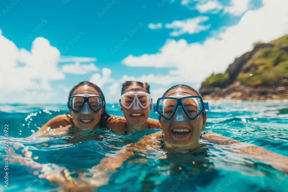 Naklejka premium Medium shot portrait of smiling family on snorkeling tour in tropical ocean while on vacation