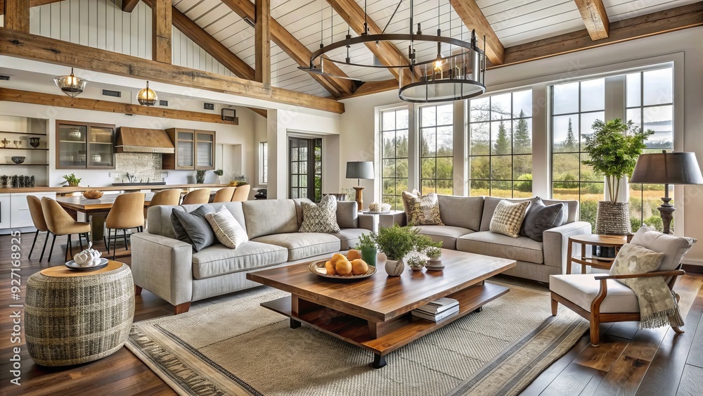 Fototapeta premium Modern Farmhouse Family Room: rustic, chic, open-concept, natural materials, cozy textiles, muted tones