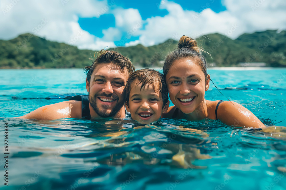 Medium shot portrait of smiling family on snorkeling tour in tropical ocean while on vacation Medium shot portrait of smiling family on snorkeling tour in tropical ocean while on vacation