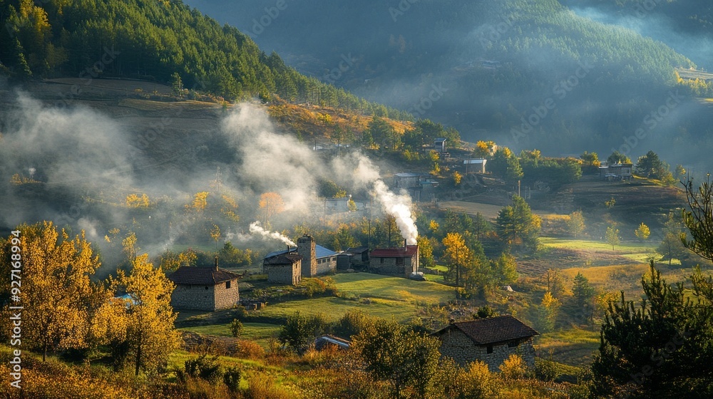 Fototapeta premium Charming Hilltop Village with Smoke Rising from Chimneys: A Breathtaking View 1