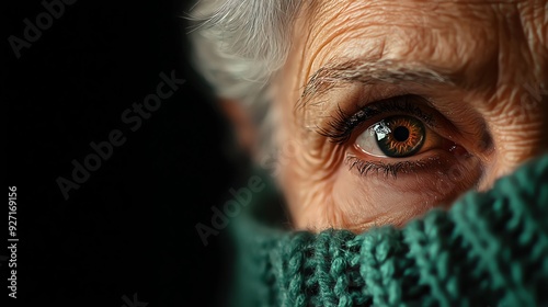 Close-up of an elderly person's eye, revealing deep wrinkles and a warm gaze wrapped in a cozy scarf against a dark background. photo