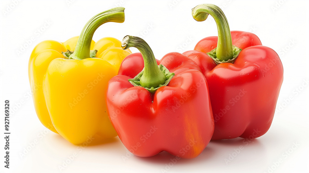 The image shows three sweet peppers arranged on a white background. Two of them are red, and one is yellow