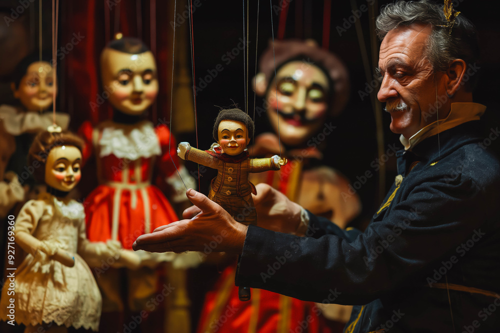 Puppeteer manipulating marionettes in a theater performance. Puppeteer manipulating marionettes in a theater performance.