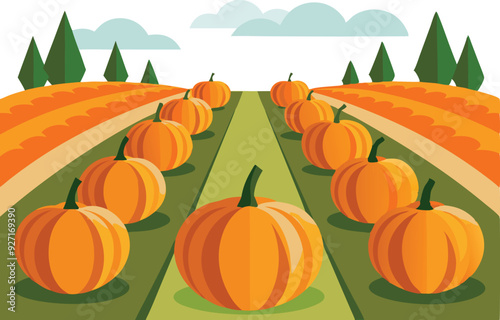 Ripe pumpkins are growing in a vibrant patch surrounded by lush greenery.