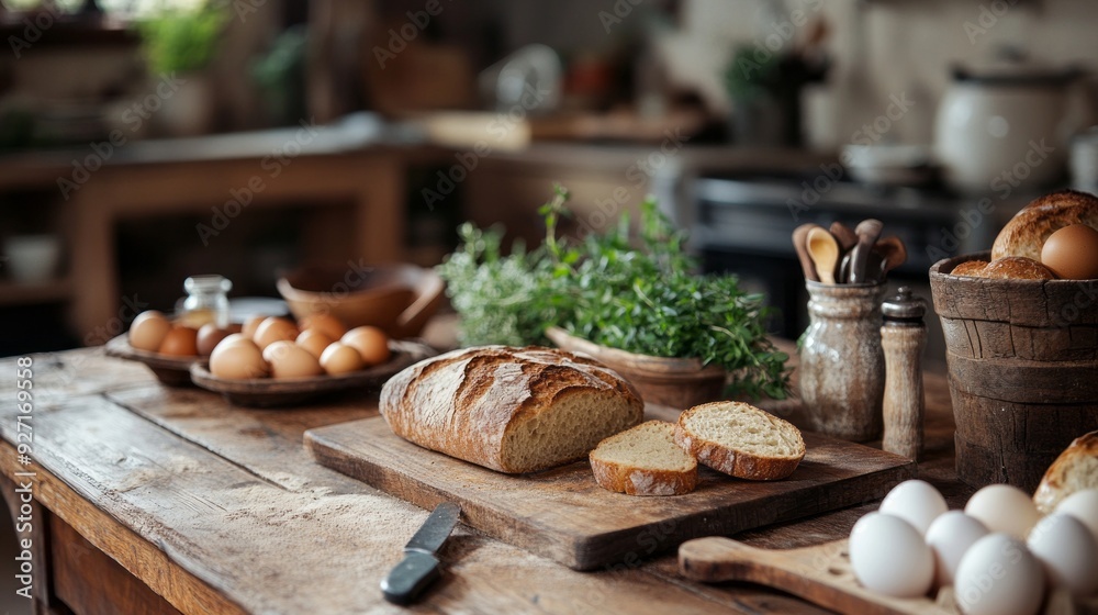 Rustic Farmhouse Kitchen: Fresh Bread, Eggs, & Herbs on Wooden Counter Rustic Farmhouse Kitchen: Fresh Bread, Eggs, & Herbs on Wooden Counter
