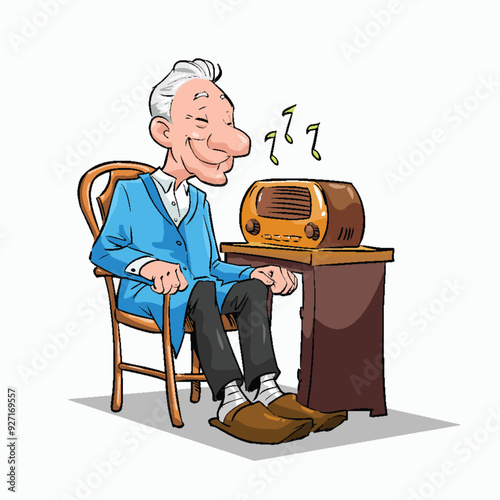 Old man listening music vector illustration