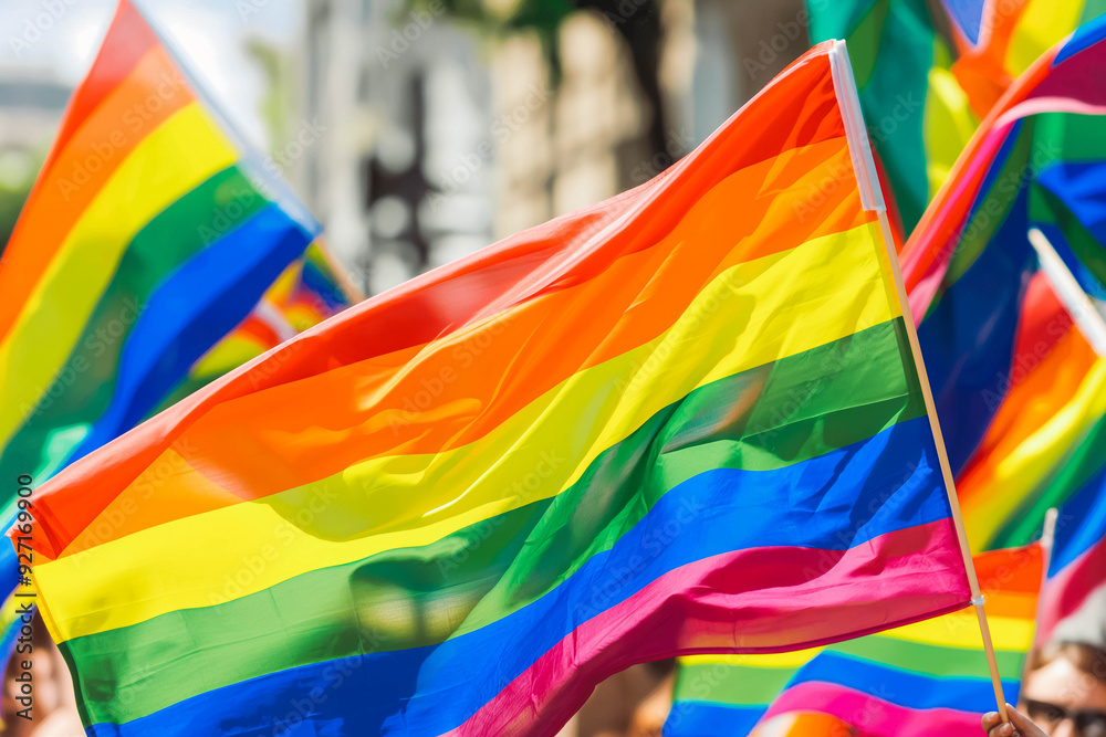 Supportive LGBTQ parade, rainbow flags, inclusivity. Banner. Supportive LGBTQ parade, rainbow flags, inclusivity. Banner.